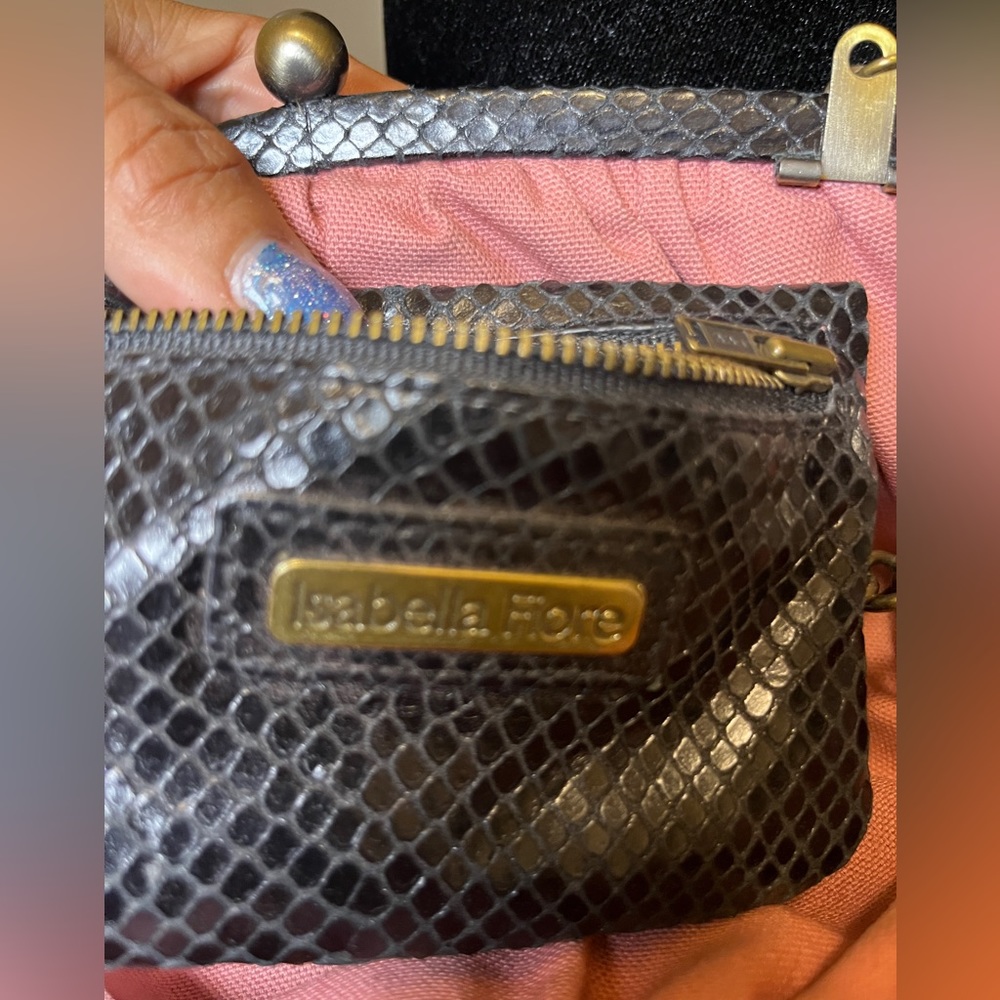 Isabella Fiore Black Snake-Embossed Chain Shoulder Bag with Flower Accent - Picture 4 of 7